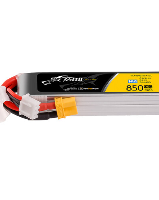 Tattu R-Line 850mAh 2S 7.6V HD 95C LiPo Long Pack Battery with XT30 Plug – High Performance FPV Racing Battery